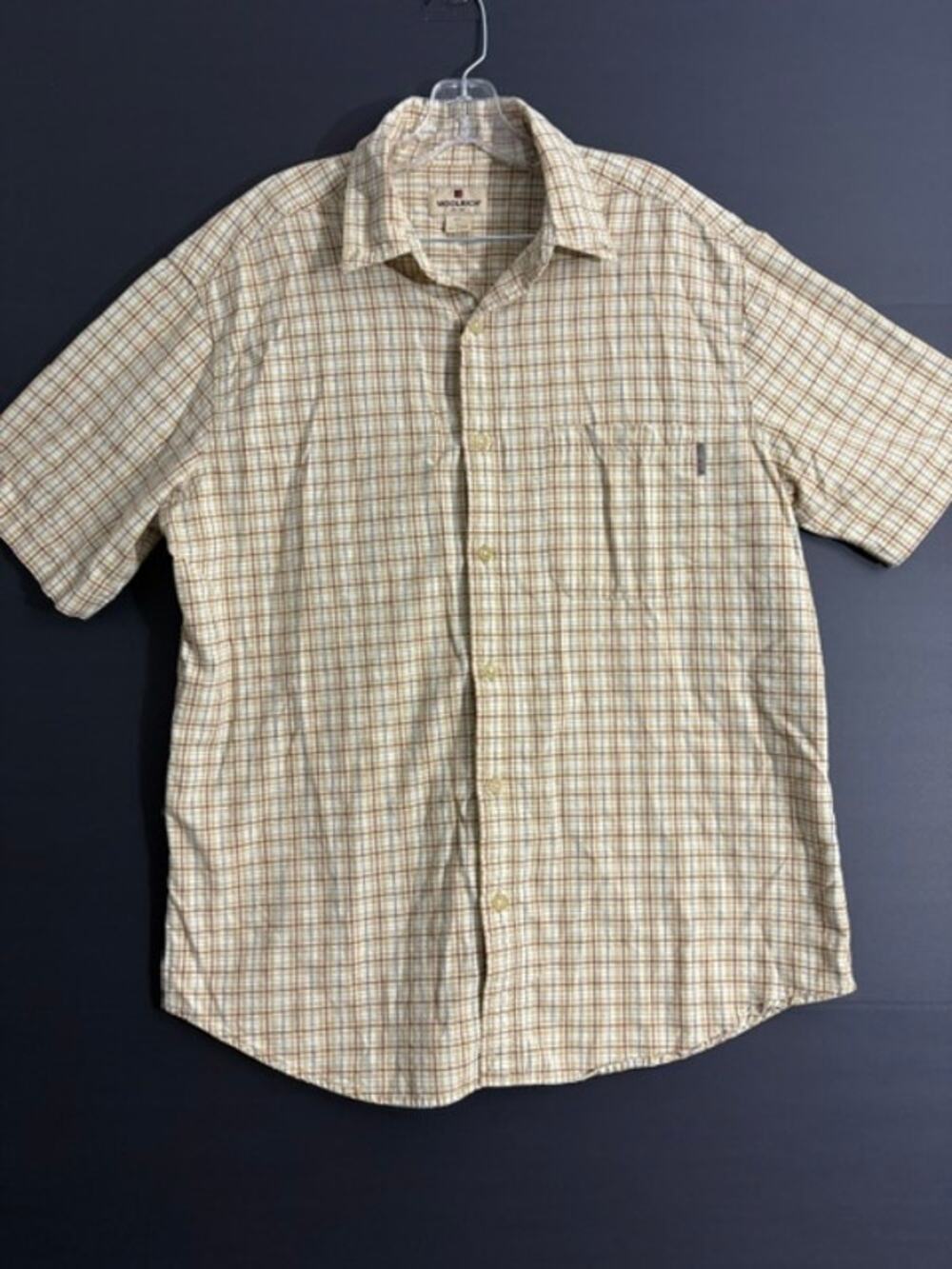 Woolrich Tan & Brown Plaid Short Sleeve Button Up Shirt Men's L